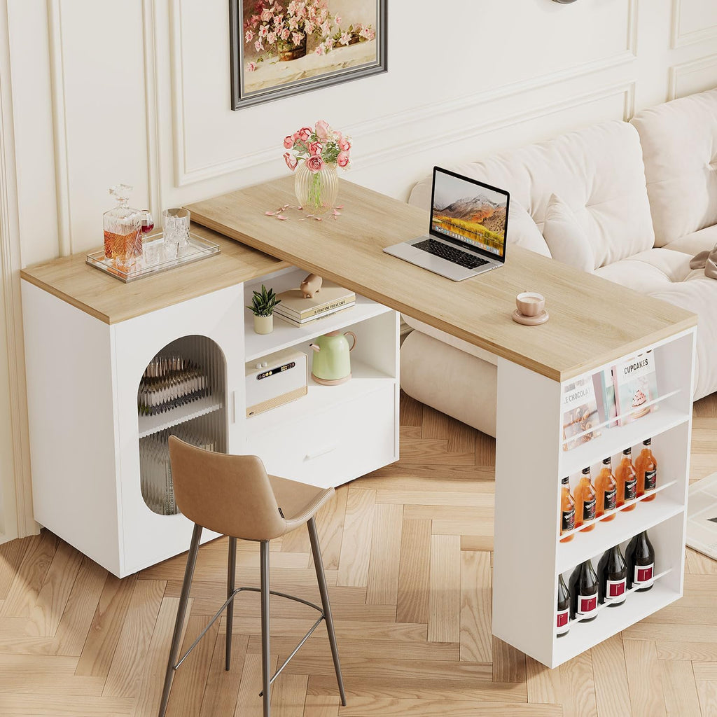 HSH 72.4” Rolling Kitchen Island with Swivel Table, Storage Cabinet, Drawers & Shelves, White Modern Mobile Island Cart on Wheels, Farmhouse Wood Island Table for Kitchen, Dining Room, Home Bar