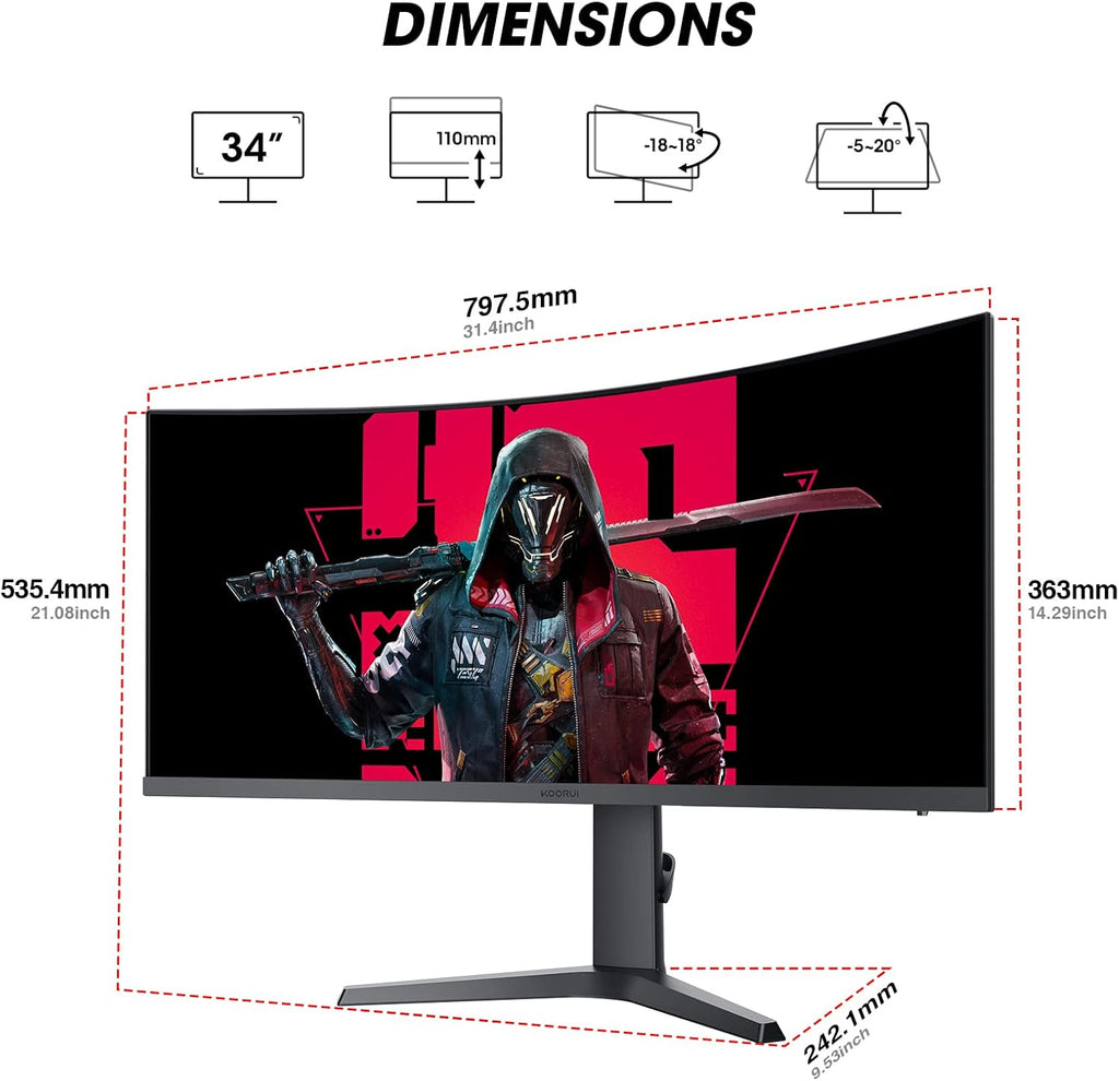KOORUI 34-inch Ultrawide Curved WQHD 3440×1440 Gaming Monitor  165Hz 144Hz Curved 1000R- PIP/PBP  1ms(MPRT) with DisplayHDR 400  FreeSync Premium  75 * 75mm VESA  HDMI/DisplayPort  34E6UC