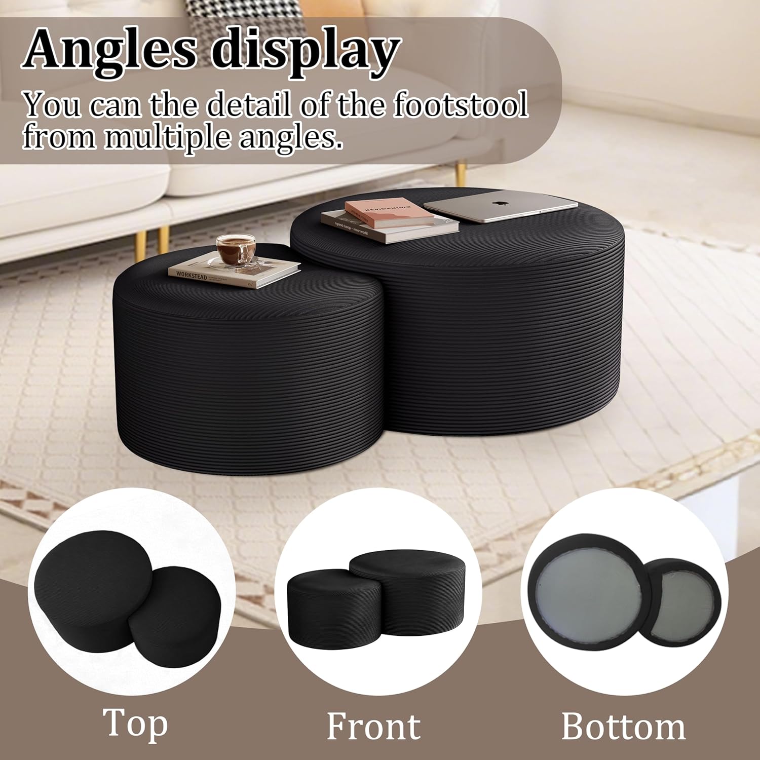 BSHOMGI Nesting Coffee Table Set of 2, Round Corduroy Modular Sectional Sofa Stool Circle Foam Side Table for Living Room, Entryway and Small Spaces No Assembly (Dark Gray, 32"+17")