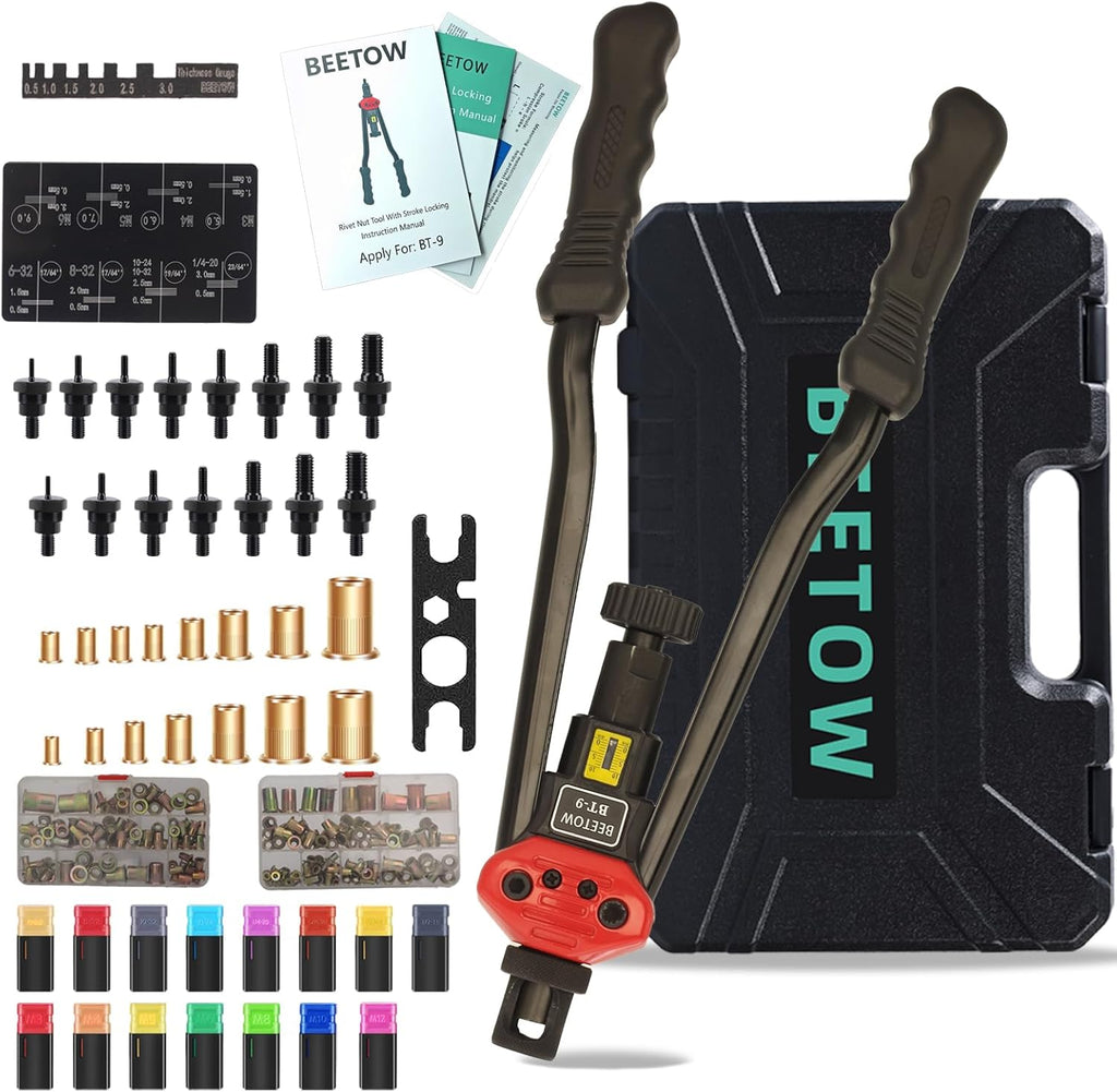 BEETOW Professional Rivet Nut Tool Kit – 16'' Rivnut Gun with 15 SAE & Metric Mandrels (M3–M12, #6, #8, #10, 1/4", 5/16", 3/8", 1/2'') & 200 Nutserts, Stroke Widgets, for Automotive & Metal Repair