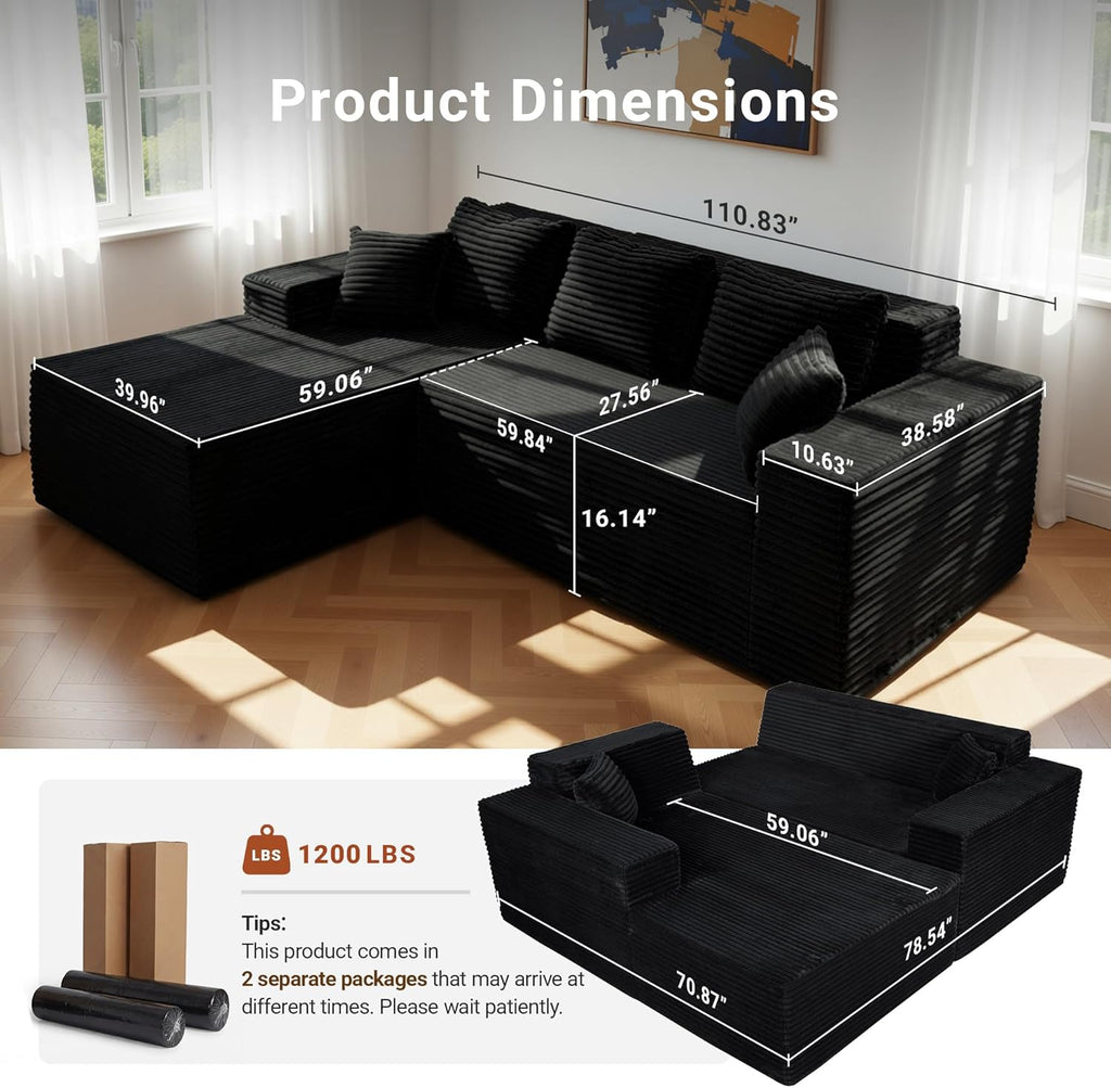 Claiks 110" Boneless Couch, Cloud Couch Sectional, L-Shape Corduroy Modular Sectional Sofa Deep Seat, Upholstered Couches for Living Room, No Assembly Required, Black, Left Facing Chaise