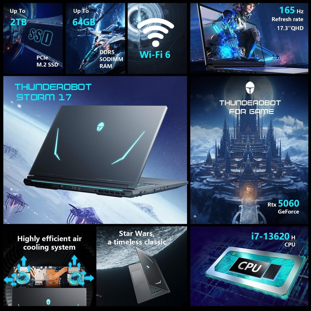 Thunderobot Storm 17 5060 Gaming Laptop  17.3" QHD 165Hz 2K Display  Core i7-13620H  GeForce RTX 5060  32GB DDR5 RAM  2TB SSD  RGB Backlit Keyboard  Wi-Fi 6  Win11 Home