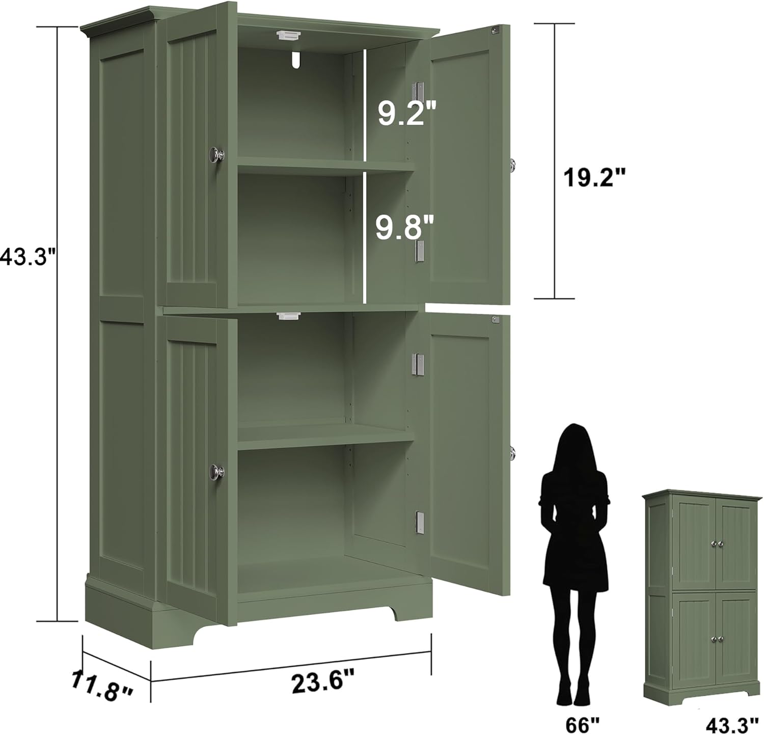 ChooChoo Bathroom Floor Cabinet, Modern Bathroom Storage Cabinet with 4 Doors and Adjustable Shelves, Freestanding Cupboard for Living Room, Green