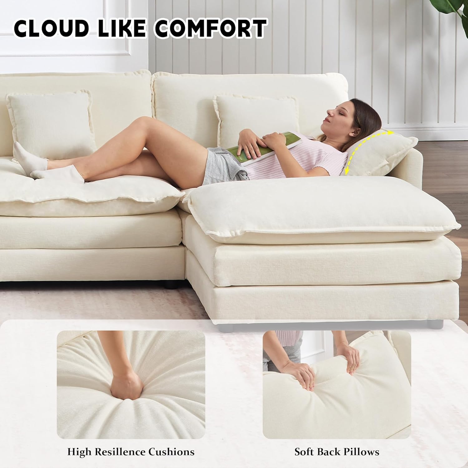 GNIXUU 76.7" Beige L Shaped Comfy Chenille Modular Cloud Sofa, Modern 2 Seater Couch with Movable Ottoman, Deep Seat Sofa with 4 Pillows for Living Room Apartment Small Places
