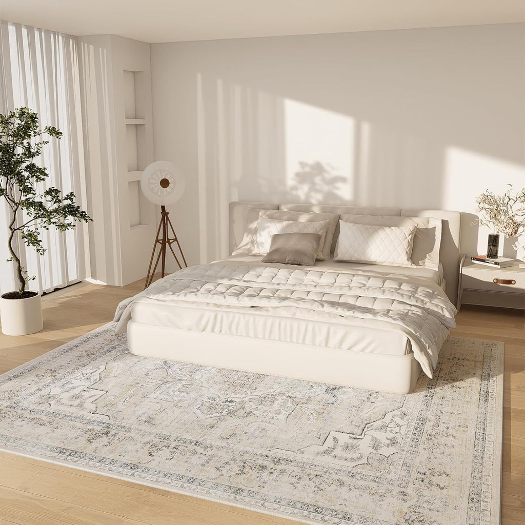 Area Rugs 9x12 Living Room: Washable Rugs for Bedroom Stain Resistant Non Slip Distressed Vintage Large Boho Rug Low Pile Faux Wool Soft Carpets for Living Room Dining Room Farmhouse Playroom