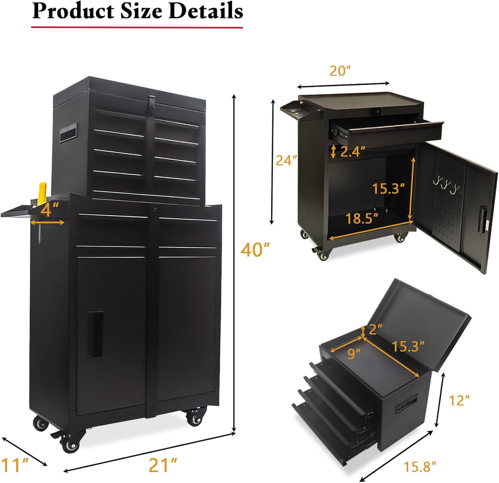 ESL Rolling Tool Chest, 5 Drawers with Big Cabinet, Tool Trolley with 4 Universal Lockable Wheels and Lock Bar, Great Black Tool Cart for Garage Workshop, Sturdy Heavy Duty Tool Storage, Easy Assemble