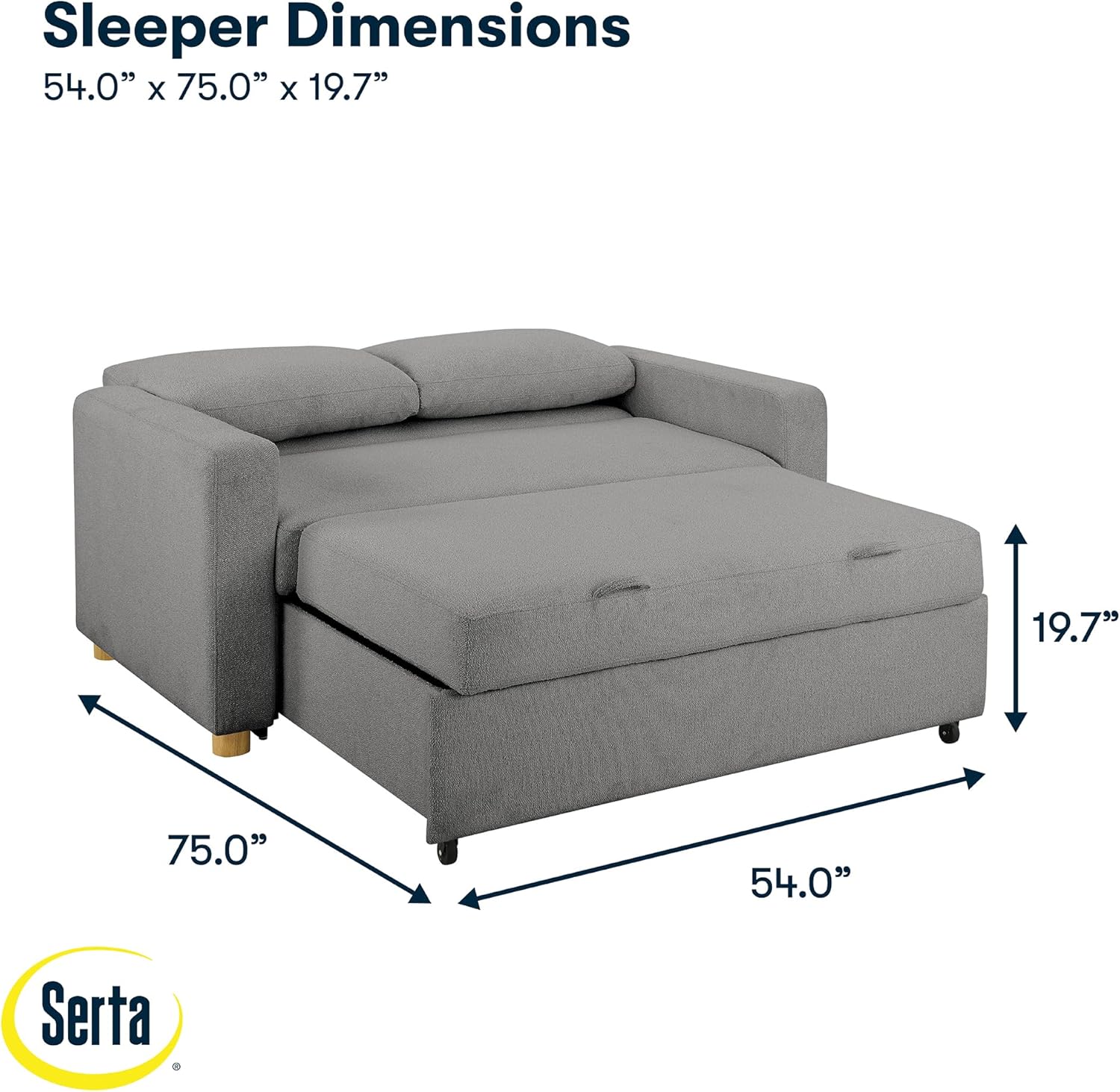 Serta Tulsa 66.1" Convertible Sleeper Loveseat, Full Size, Dreamcoil Comfort, FingerGuard Pinch Point Protection, Boucle Fabric, Grey