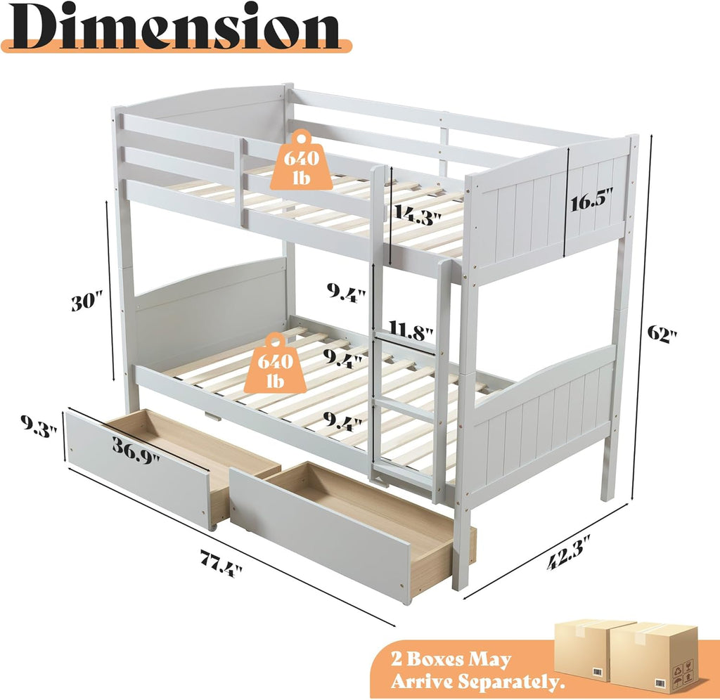 AMERLIFE Twin Over Twin Bunk Bed with Storage Drawers, Solid Rubberwood 2-in-1 Convertible Loft Beds with Ladders, Modern Detachable Bed Frame for Kids and Teens Bedroom, Grey