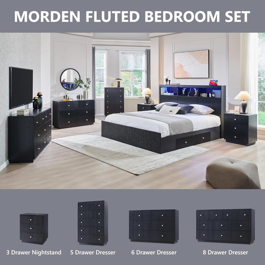 Fluted Dresser for bedroom, 55"W Black 8 Drawer Dressers, Wood Tall Dresser Storage Organizer, Modern Bedroom Chest of Drawers with Deep Storage for Closet Hallway, Entryway, Living Room Black