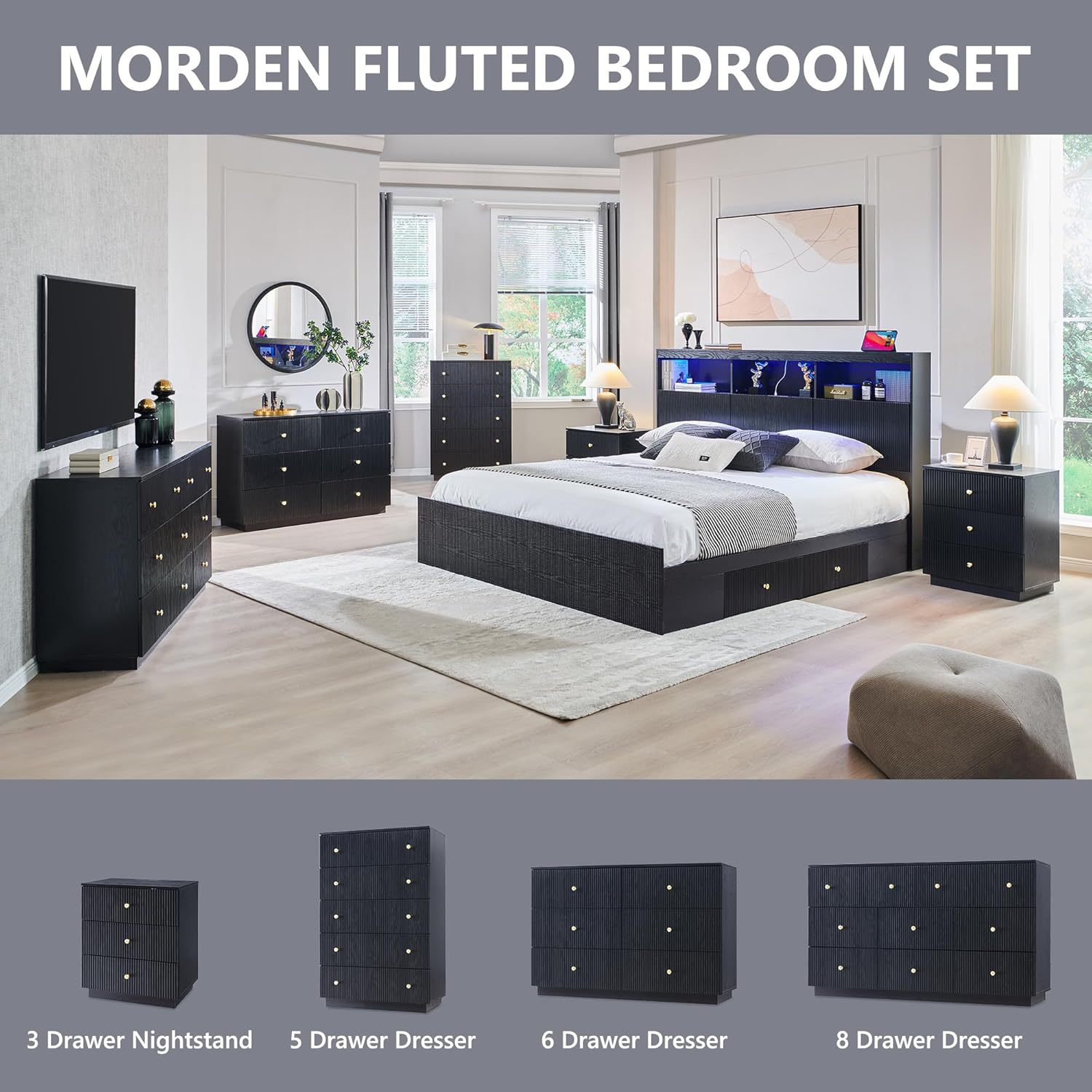 Fluted Dresser for bedroom, 55"W Black 8 Drawer Dressers, Wood Tall Dresser Storage Organizer, Modern Bedroom Chest of Drawers with Deep Storage for Closet Hallway, Entryway, Living Room Black