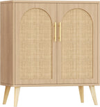 Keehusux Rattan Buffet Cabinet with Storage, Boho Buffet Table with Adjustable Shelf and Solid Wood Legs, Accent Sideboard with Doors, Floor Cabinet for Kitchen, Dining Room and Living Room, Natural