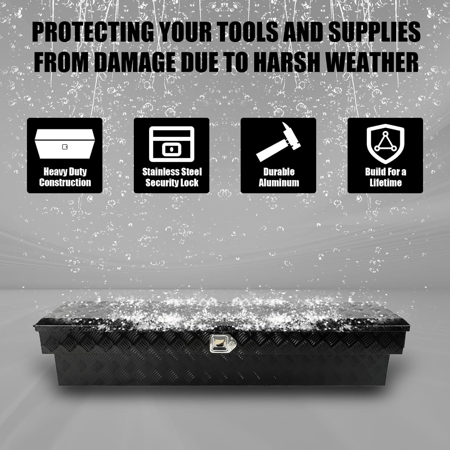 confote 60 Inch Heavy Duty Aluminum Pickup Truck Tool Box Aluminum Stripes Pattern Truck Bed RV Trailer Toolbox Waterproof Storage Organizer with Lock and Keys L-shape -Black