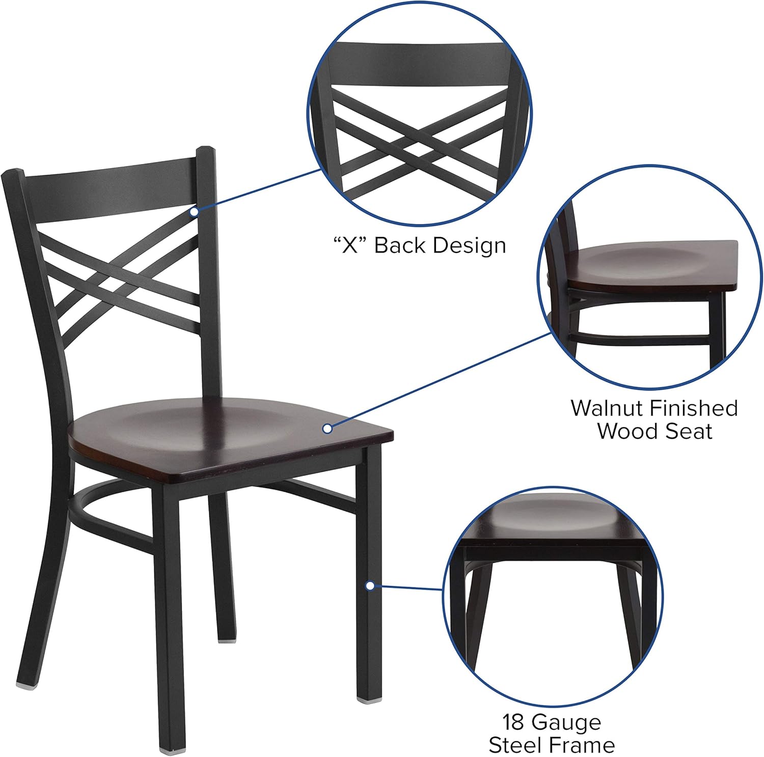 Flash Furniture 2 Pack HERCULES Series Black ''X'' Back Metal Restaurant Chair - Walnut Wood Seat
