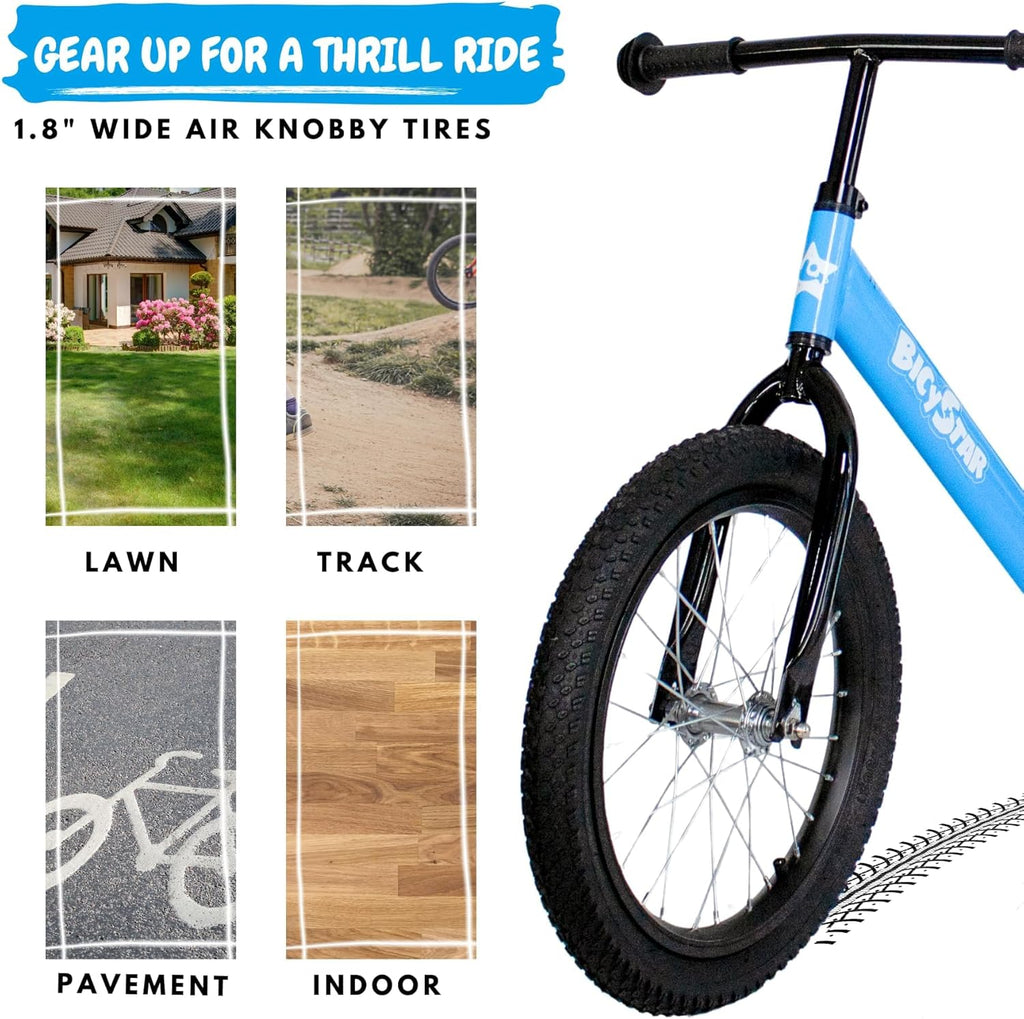 Bicystar 16 Inch Kids Balance Bike for 5-8 Year Old, No Pedals, Air Tires, Footrests, Adjustable Height for Big Boys, Girls
