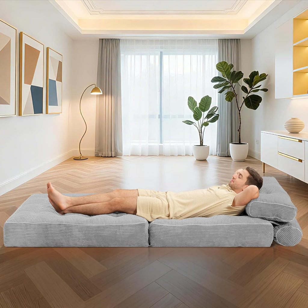 HABUTWAY Folding Sofa Bed, Convertible Sleeper Chair Bed w/Dual-Pillow & Handle, Foldable Floor Sofa Lounge w/Back Support for Living Room, Bedroom, Apartment, Office, Single, Light Grey