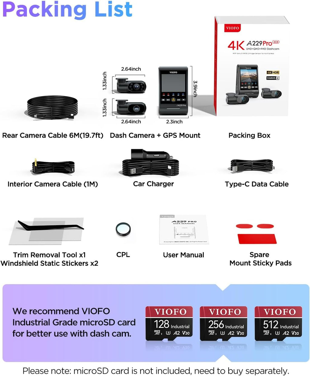 VIOFO A229 Pro 3 Channel 4K HDR Dash Cam  Dual STARVIS 2 Sensors IMX678 & IMX675  4K+2K+1080P Front Inside and Rear Triple Car Camera  5GHz WiFi GPS  Voice Control  24H Parking Mode