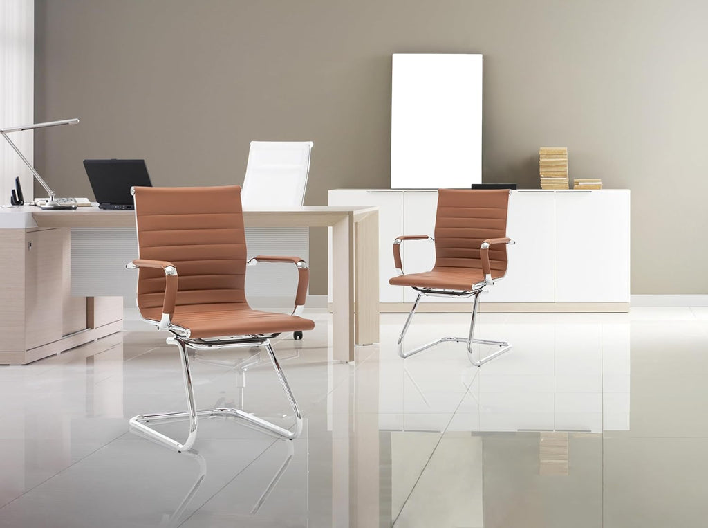 HNY Leather Office Guest & Reception Chairs Set of 2, Modern Waiting Room Chairs with Arms, Desk Chair no Wheels with Sled Base for Conference Room, Coffee