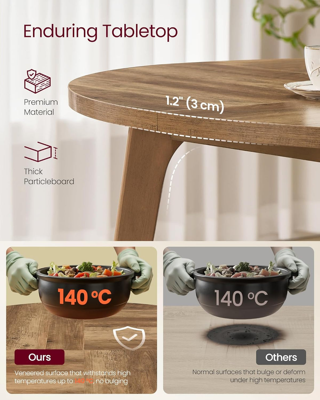 VASAGLE MAEZO Collection - Round Dining Table for 4-6 People, 47.2 Inches Circle Kitchen Table with Tapered Legs, Curved Transitions, for Dining Room, Kitchen, Honey Brown UKDT091KB02S