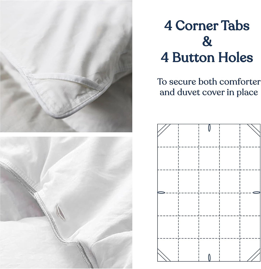 Delara King Duvet Insert – White Cotton Comforter – 100% Organic Cotton Shell and Filled All Season, Breathable, Lightweight with 8 Tabs – GOTS Certified