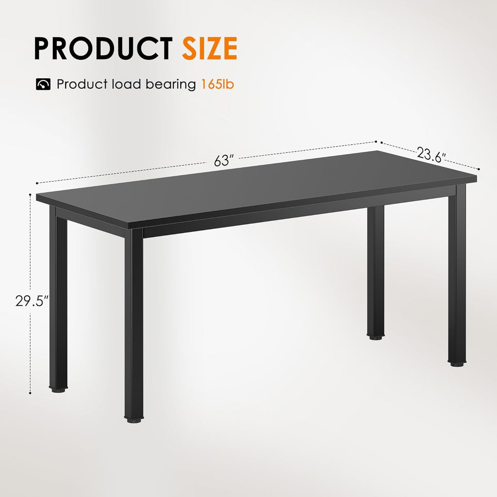 DlandHome Computer Desk, 63 Inch Home Office Desk, Gaming Writing Work from Home Study Desk with Thicken Frame & Large Legroom, Modern Simple Workstation Business Furniture for Home Office, Black