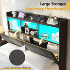 King Farmhouse Bed Frame with Bookcase Headboard and 4 Drawers, LED Storage Bed with Charging Station & Linen Upholstered, No Box Spring Needed,Black