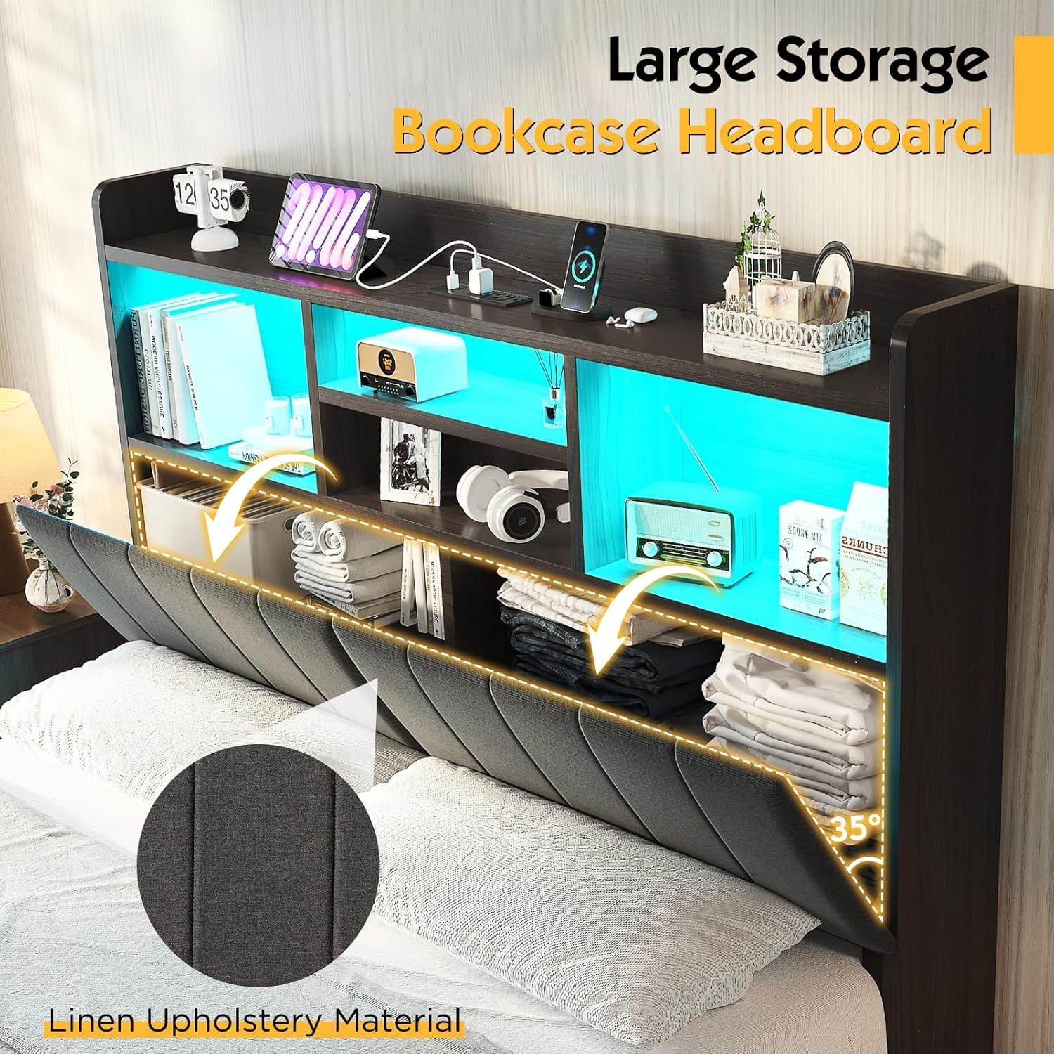 King Farmhouse Bed Frame with Bookcase Headboard and 4 Drawers, LED Storage Bed with Charging Station & Linen Upholstered, No Box Spring Needed,Black