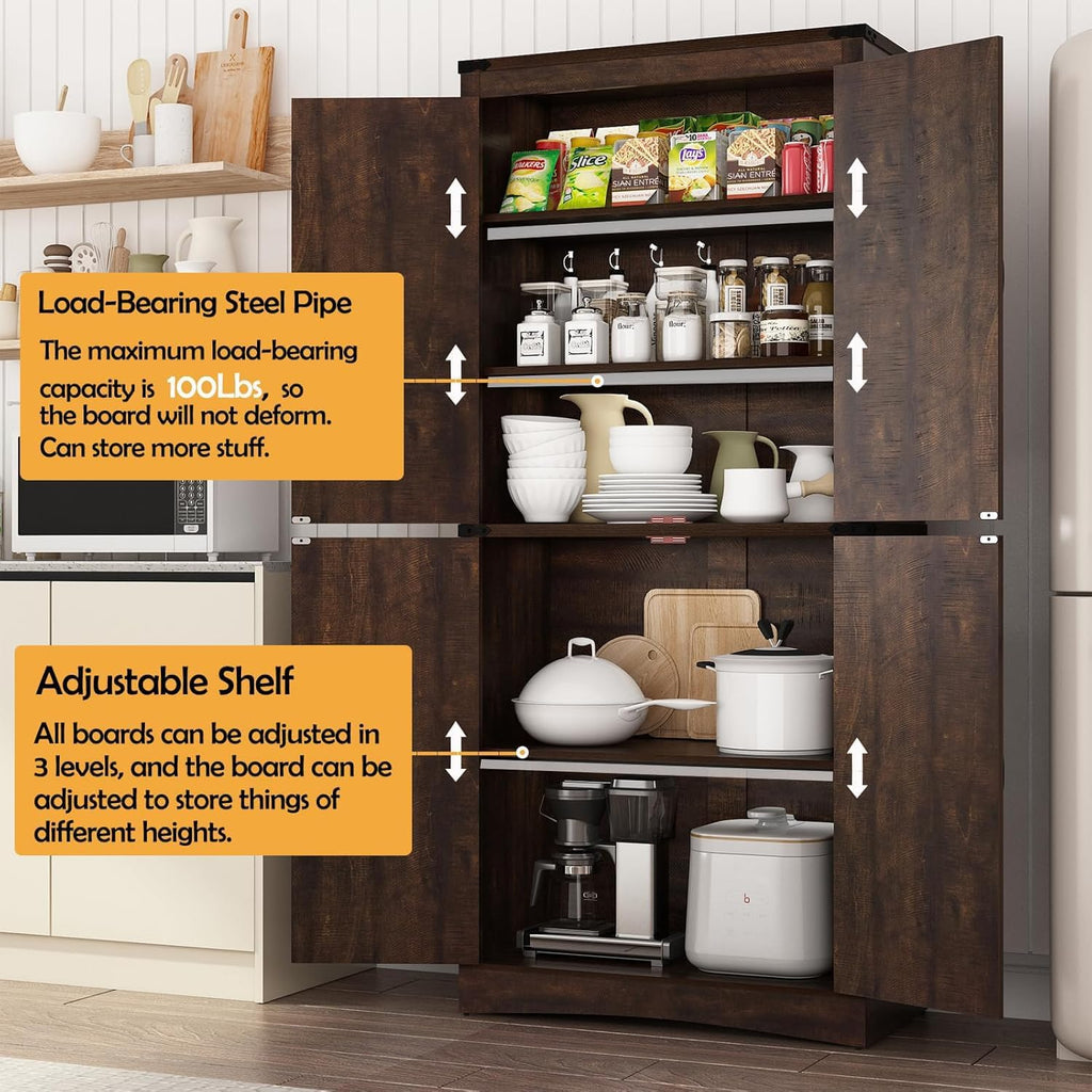 71in Farmhouse Kitchen Pantry Cabinet,Tall Storage Cabinet with 4 Doors and Adjustable shelves,with Load-Bearing Steel Pipe,Wood Storage Cabinets for Kitchen,Dining Room,Bathroom(Brown)