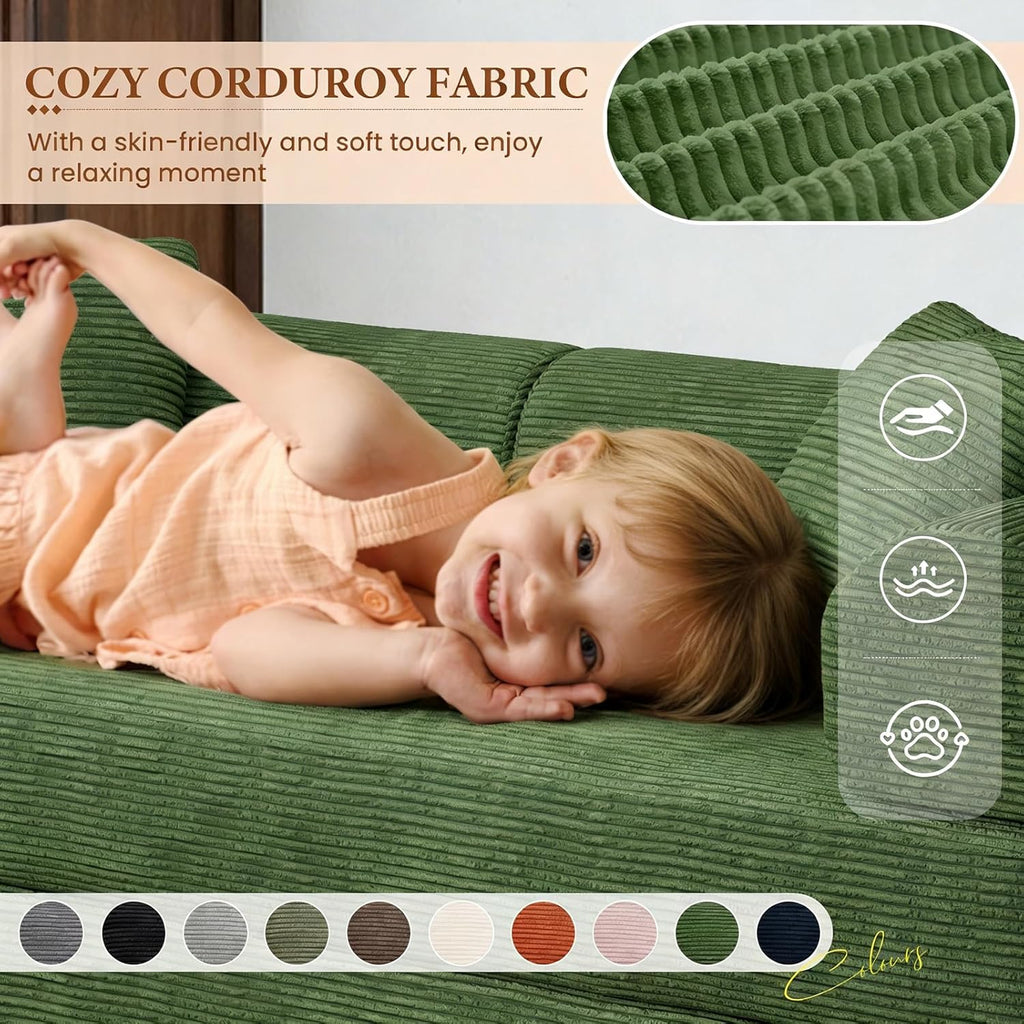 77" Convertible Sofa Bed, Modular Folding Futon Corduroy Floor Foam Compressed Loveseat Sleeper Sofa Couch, Pull Out Queen Size Couch Bed with 2 Pillows for Living Room Guest Room Studio, Dark Green