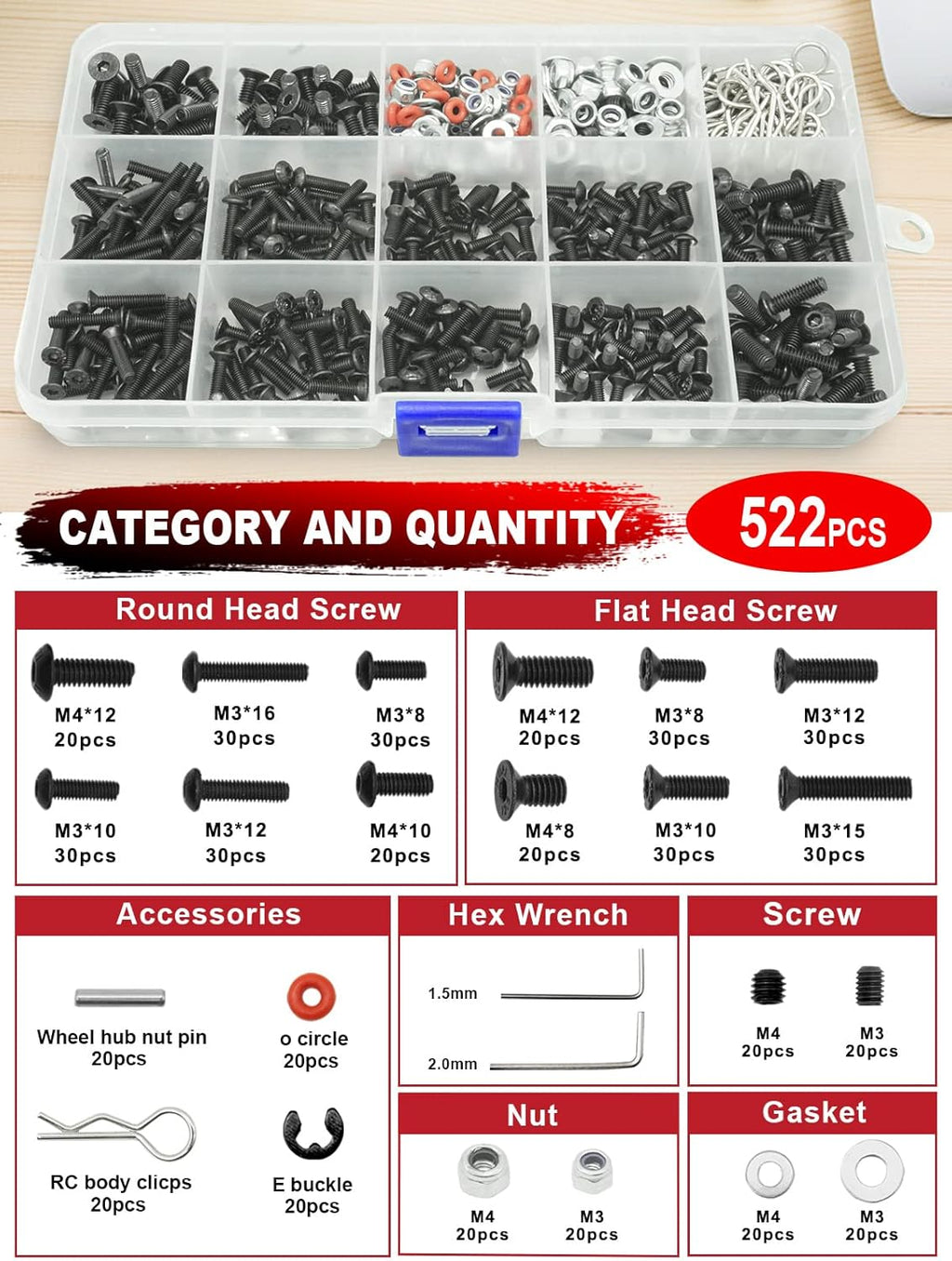 RC Tool Kit Screwdriver Set (Flat, Phillips, Hex) Metal Holder, RC Work Stand, 522PCS Screw Kit, Pliers Set, Body Reamer, Wrench, Tray, Repair Tool for RC Car Boat Quadcopter Helicopter -27pcs (Red)