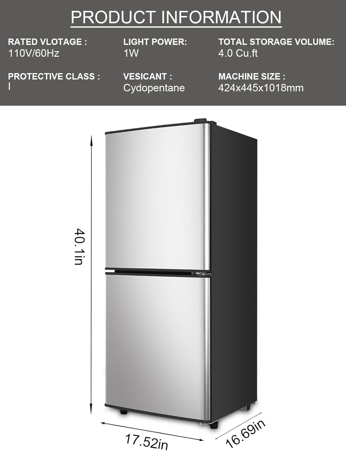 4.0 Cu.Ft Refrigerator with Freezer, 2 Doors Fridge with Adjustable Thermostat Control, Refrigerator for Kitchen, Dorm, Apartment, Garage, Office, Silver