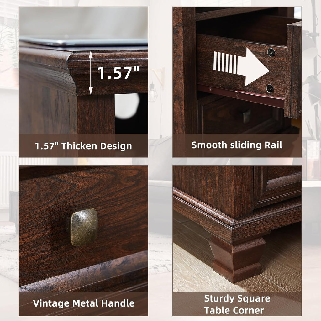 Farmhouse Nightstand Set of 2 with Charging Station, Rustic Brown Nightstand, 2 Drawers End Table, Bedside Table with Open Shelf for Bedroom, Walnut