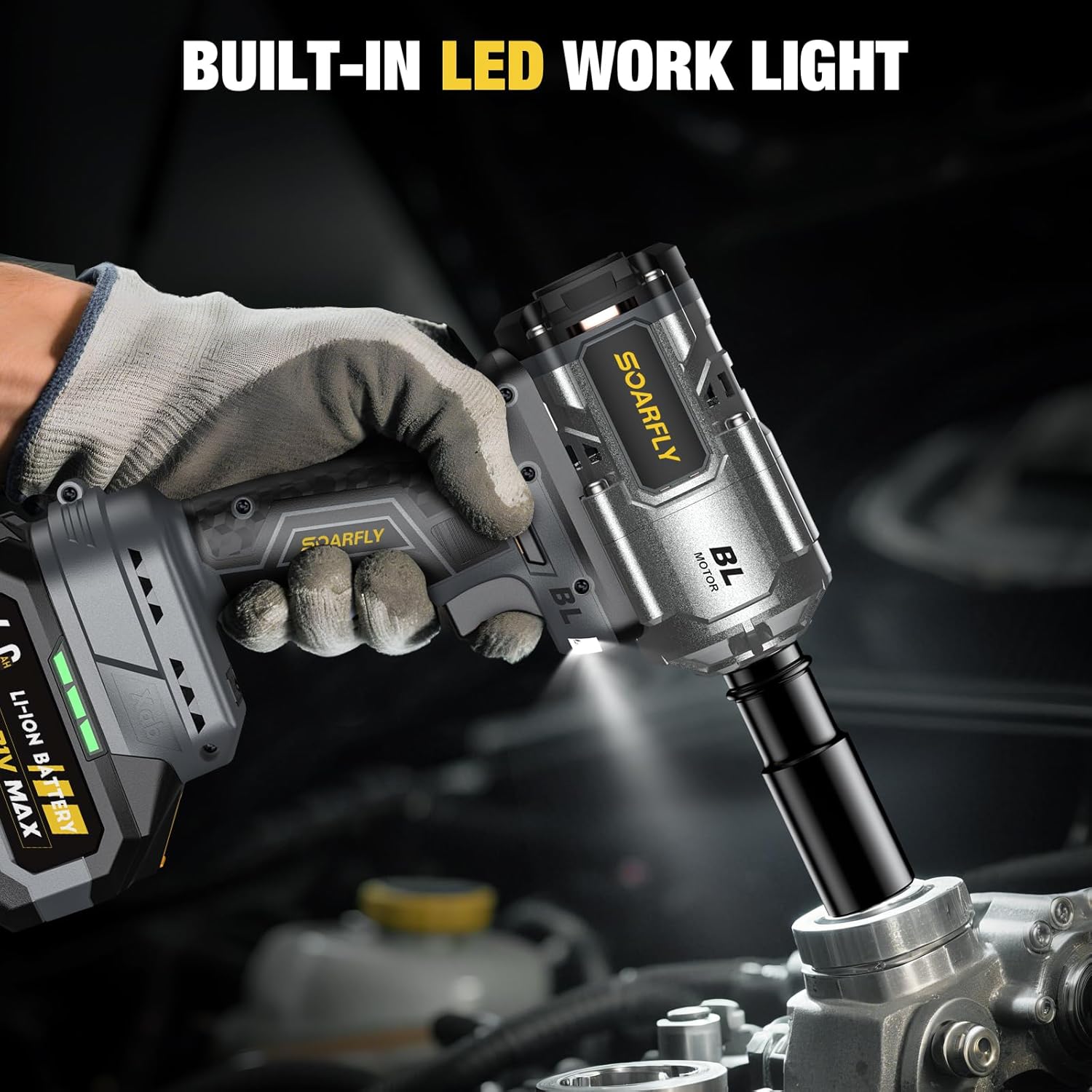 SOARFLY Upgraded Cordless Impact Wrench 1/2", 900 Ft-lbs (1200 Nm) Brushless Impact Gun, 21V High Torque Impact Driver with 2x 4.0Ah Batteries, Variable Speed for Car, Truck, Workshop, Heavy-Duty Jobs