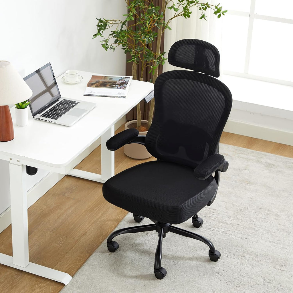 Ergonomic Office Chair,Ultra Thick Office Desk Chair with Adjustable Lumbar Support and Headrest,Spring Cushion,Rocking Function,Flip-up arms,Mesh Computer Chair for Home Office,Black