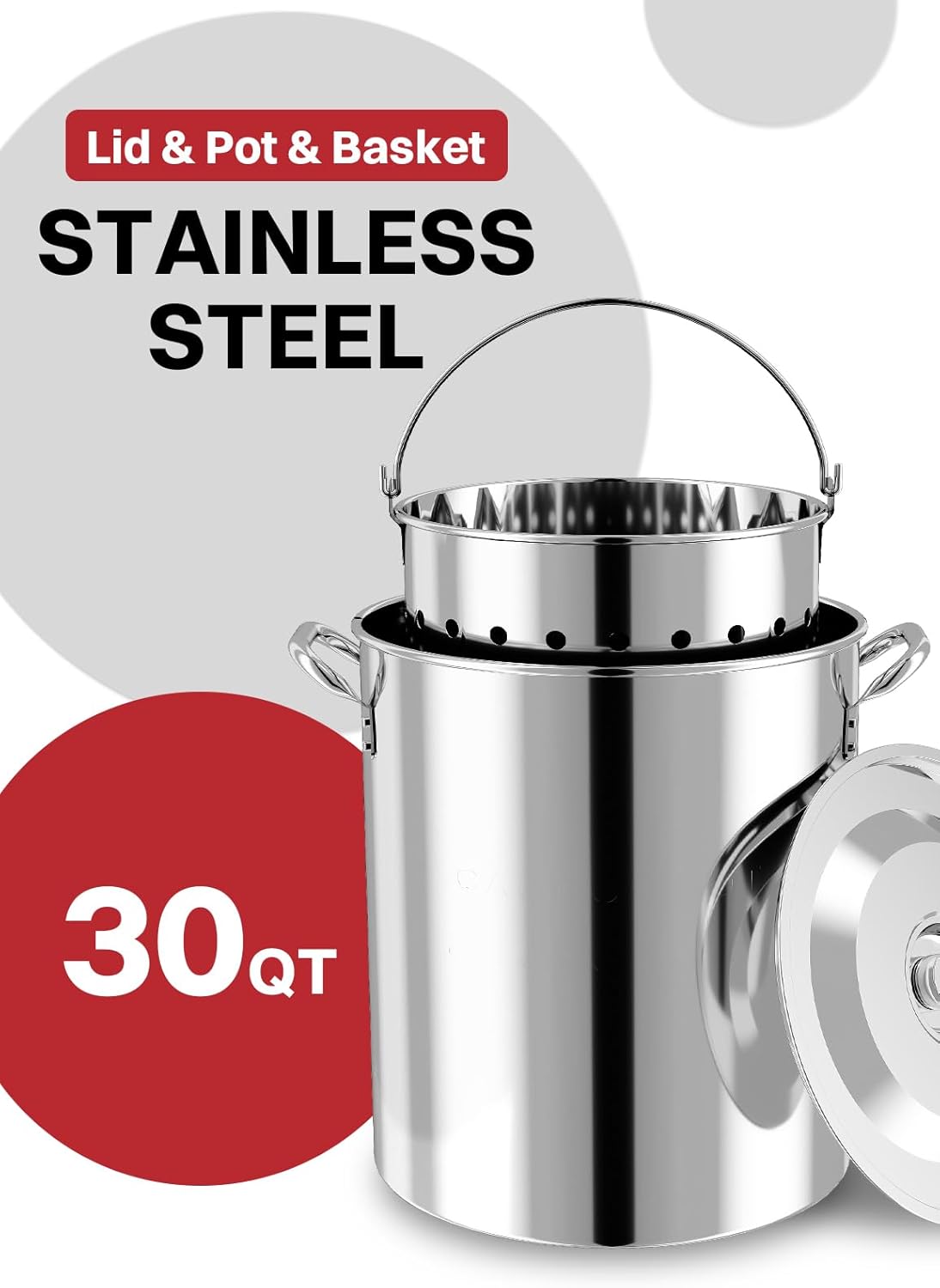 30QT Stainless Steel Turkey Fryer | Seafood & Crawfish Boiler | Basket & Waterptroof Cover Included | 50,000BTU Propane Burner | Outdoor Deep Fryers | Ideal for Frying & Boiling