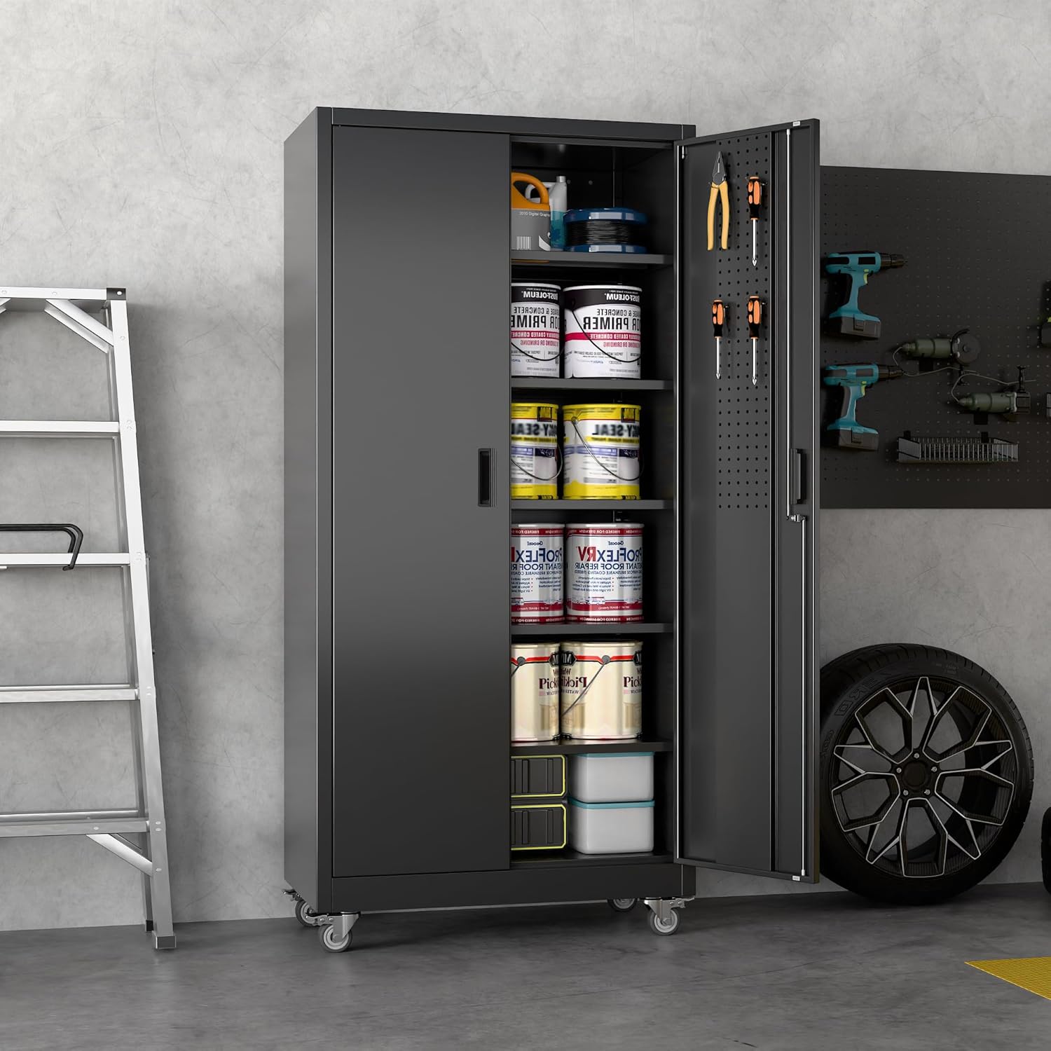 Garage Storage Cabinet with Wheels and Pegboard, Lockable Metal Storage Cabinet with 5 Adjustable Shelves and 4 Hooks for Garage,Warehouse, Assembly Required, Black, 71" H x 34" W x 18" D