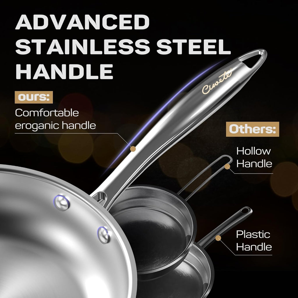 Ciwete 11-Piece Tri-Ply Stainless Steel Pots and Pans Set, 18/10 Stainless Steel Cookware Set with Steamer Insert, Induction Kitchen Cookware Sets with Cool Ergonomic Handles, Dishwasher, Oven Safe