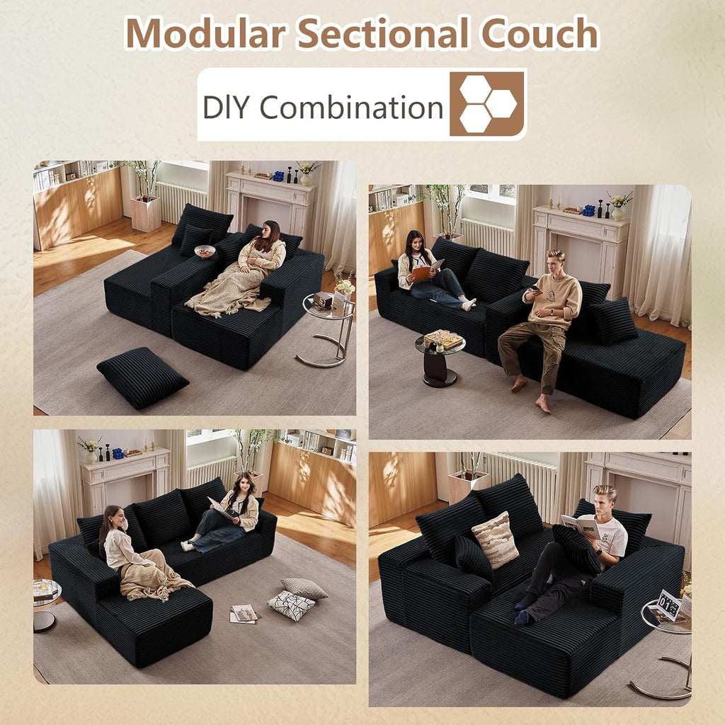 96" Modular Sectional Sofa, Modern Corduroy Cloud Couch with Deep Seat, Boneless Couch Upholstered 3-Seater L-Shaped Sofa for Living Room, No Assembly Required(Black, Left-Facing Chaise)