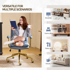 VINGLI Home Office Desk Chair Comfy with Wheels & Armrests,Gold Base Vanity Chair with Back,Adjustable Rolling Swivel Computer Task Chair for Study,Home Office,Cat Scratch PU,Navy Blue