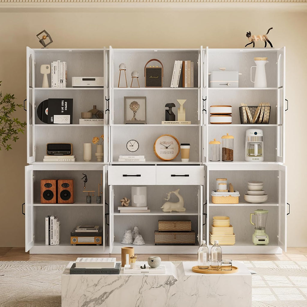 TUSY 71" Tall Bookcase with Glass Door, 6-Tier Modern Bookshelf with Drawer, 23.6" Wide Storage Cabinet with Countertop, Freestanding Display Cabinet for Living Room, Home Office (AEA)