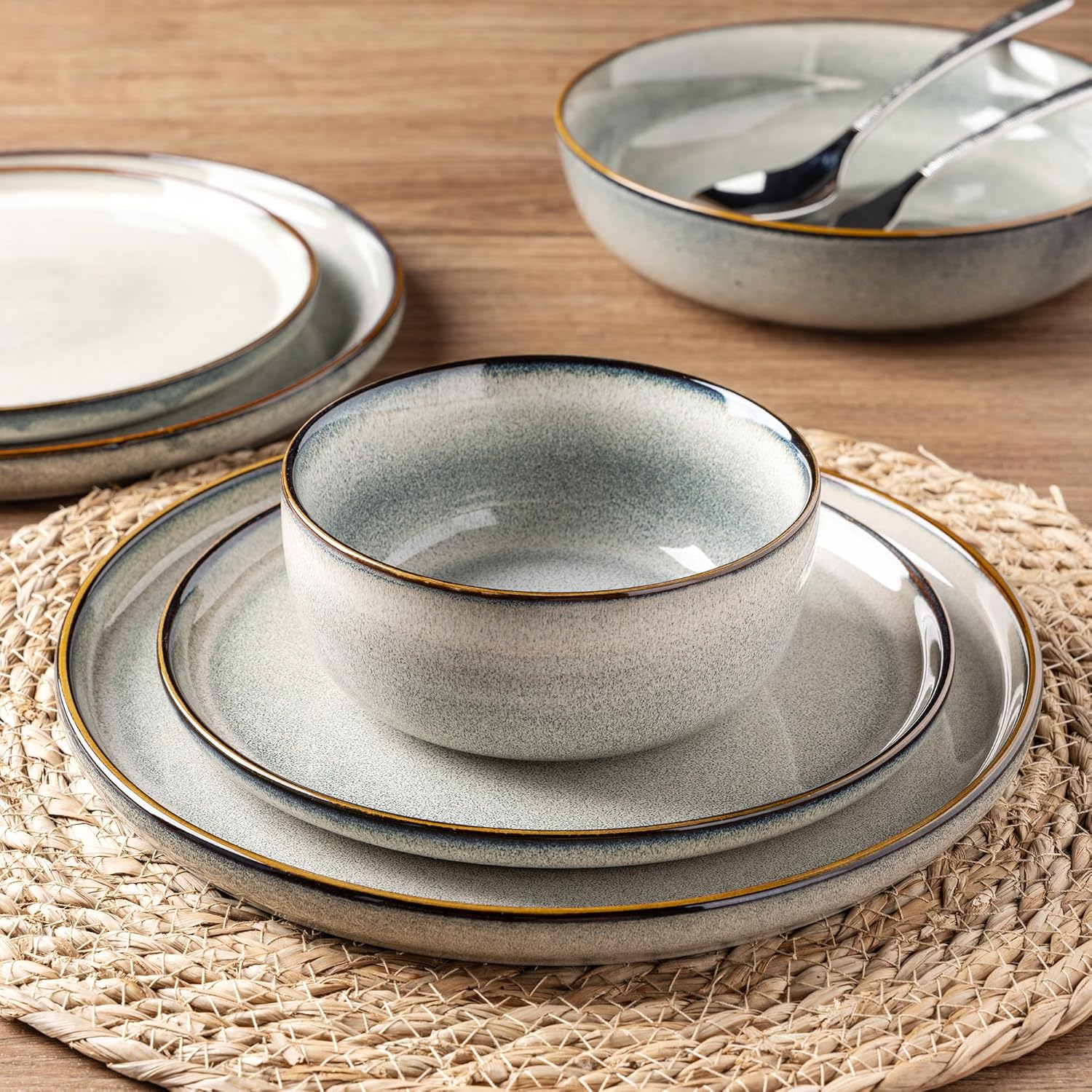 GBHOME 24 Pieces Double Bowls Ceramic Dinnerware Sets for 6, Stoneware Plates and Bowls Set with Reactive Glaze, Scratch Resistant Stoneware Dishes Set, Dishwasher & Microwave Safe
