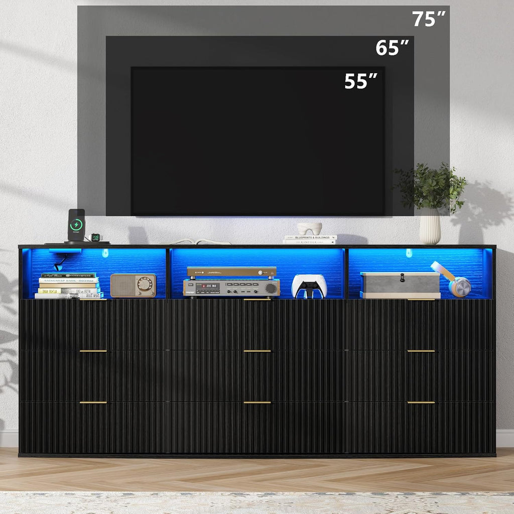 Fluted 9 Drawer Dresser with LED Lights, Modern Black Chest of Drawers with Power Outlet & Curved Top, Wood Dresser TV Stand, Black Double Dresser for Bedroom, Hallway, Living Room