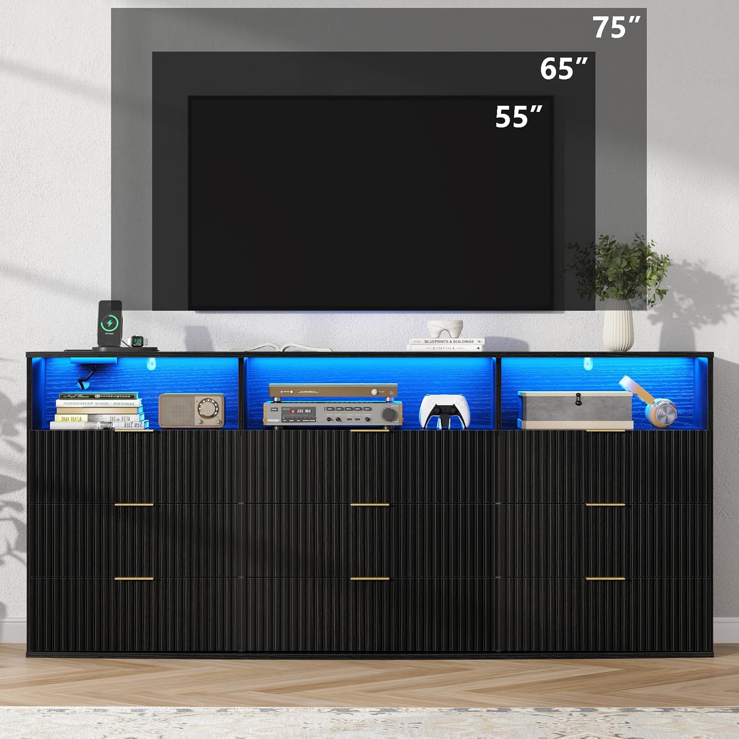 Fluted 9 Drawer Dresser with LED Lights, Modern Black Chest of Drawers with Power Outlet & Curved Top, Wood Dresser TV Stand, Black Double Dresser for Bedroom, Hallway, Living Room
