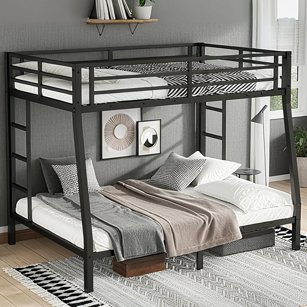 Bellemave Metal Full XL Over Queen Bunk Bed, Heavy-Duty Bunkbed Frame with Guardrails & 2 Ladders, Noise-Free, 9.8" Under-Bed Storage Full Over Queen bunk Bed, No Box Spring Needed, Black
