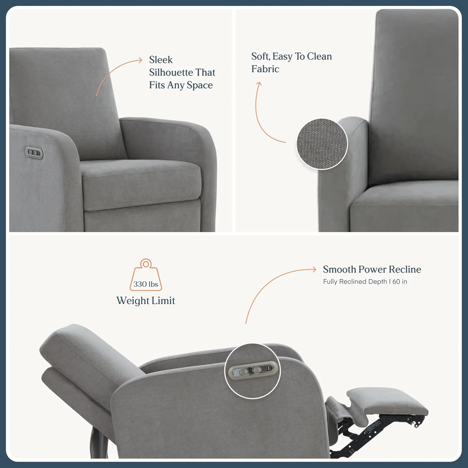 Nurture& The Porto Power Glider Recliner for Nursery | Modern Glider Chair with Power Recline | Built - in USB Charging Port | Space-Saving Design for Small Nurseries and Shared Spaces, Grey