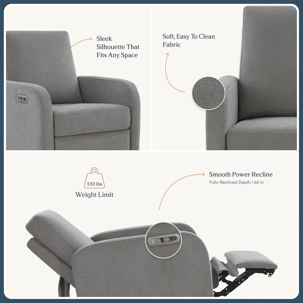 Nurture& The Porto Power Glider Recliner for Nursery | Modern Glider Chair with Power Recline | Built - in USB Charging Port | Space-Saving Design for Small Nurseries and Shared Spaces, Grey