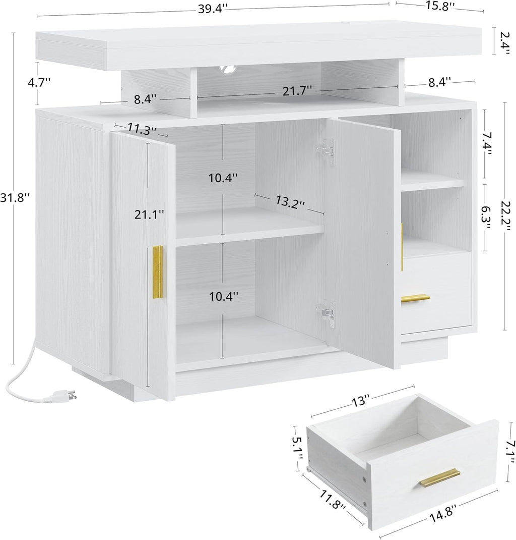 IRONCK Buffet Cabinet, Coffee Bar Cabinet with Power Outlet and LED Light, Sideboard with Drawer, Storage Cabinet with Doors and Shelves for Kitchen, White