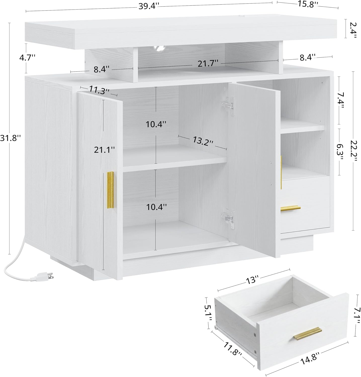 IRONCK Buffet Cabinet, Coffee Bar Cabinet with Power Outlet and LED Light, Sideboard with Drawer, Storage Cabinet with Doors and Shelves for Kitchen, White