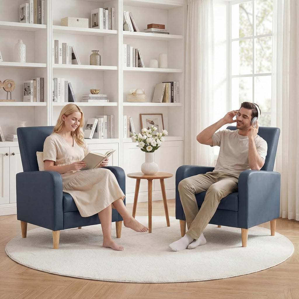 COLAMY Mid-Century Modern Upholstered Accent Chair with Back Pillow & Solid Wood Legs, Leather Cozy Armchair for Living Room, Bedroom, Reading Nook, Apartment & Small Spaces, Blue