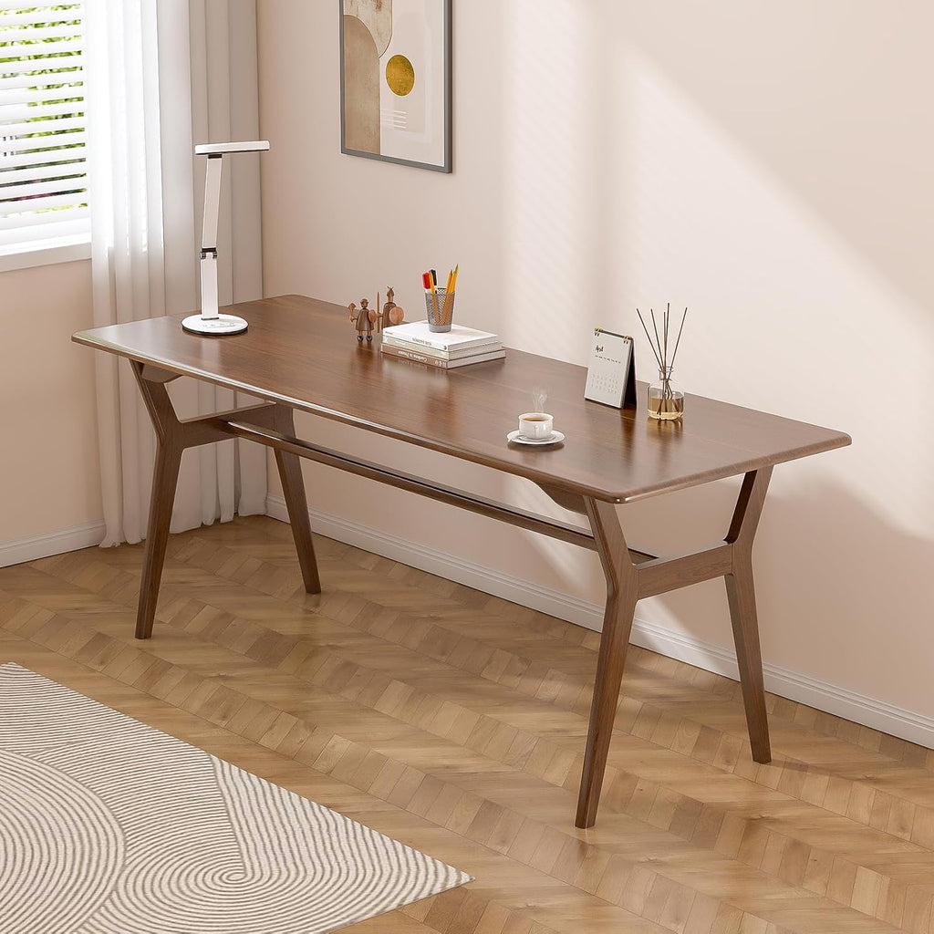 Solid Wood Study Desk - 63" Double Long Computer Table for Home Office, 2-Person PC Workstation, Walnut