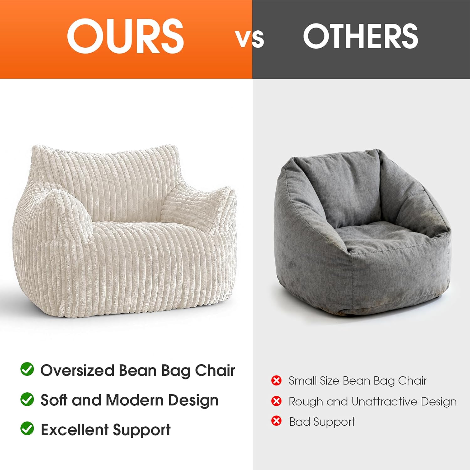 Giant Bean Bag Chair with Ottoman, Oversized Memory Foam Bean Bag Sofa for Adults and Kids, Large Comfy Fluffy Single Lounges Mini Couch for Living Room, Bedroom & Dorm(Beige)